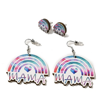 Mother's Day Theme Rainbow with Word Mama Wood Studs & Dangle Earrings Set, 316 Steel Needle Jewelry for Women, Colorful, 60x45mm