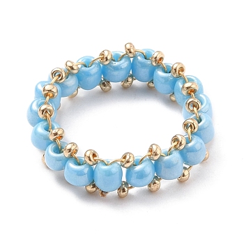 Round Glass Seed Beaded Finger Rings, with Real 18K Gold Plated Copper Wire, Light Sky Blue, US Size 10 3/4(20.3mm)
