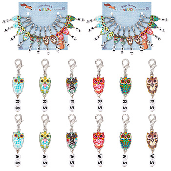 Alloy Enamel & Acrylic Pendant Locking Stitch Markers, Zinc Alloy Lobster Claw Clasps & Steel Wine Glass Charm Rings Stitch Marker, Owl & Flat Round, Mixed Color, 6cm, 6 color, 2pcs/color, 12pcs/set