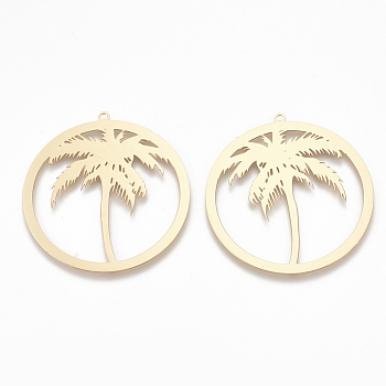 Brass Pendants, Etched Metal Embellishments, Flat Round with Coconut Tree, Light Gold, 37x35x0.3mm, Hole: 1.2mm