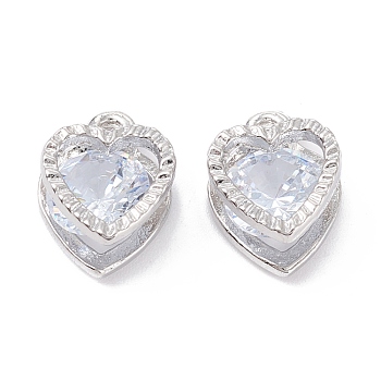 Rack Plating Alloy Cubic Zirconia Charms, Heart, Platinum, 12.5x9x5mm, Hole: 1.4mm