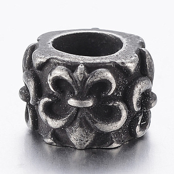 316 Surgical Stainless Steel European Beads, Large Hole Beads, Column with Fleur De Lis, Gunmetal, 10x6.5mm, Hole: 5mm