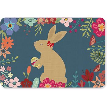 Linen and Rubber Ground Mat, Rectangle, Teal, Rabbit Pattern, 40x60cm