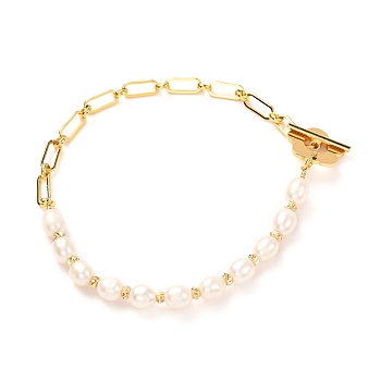 Natural Pearl Beaded Bracelets for Girl Women Gift, Flower Toggles Clasps Brass Figaro Chain Bracelet, Real 18K Gold Plated, 7-7/8 inch(20cm)
