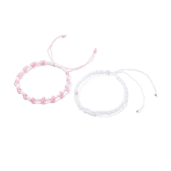 2Pcs 2 Colors Peach Blossom Braided Cord Bracelet, Friendship Lucky Adjustable Bracelet for Women, White, Inner Diameter: 2-1/4 inch(5.6cm)~4-1/4 inch(10.9cm)