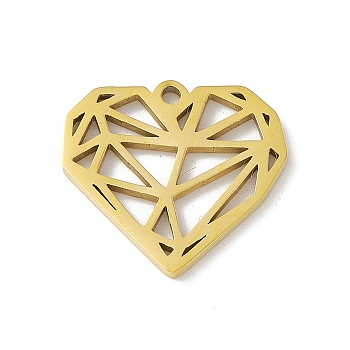 304 Stainless Steel Pendants, Hollow, Heart with Triangle Pattern Charm, Golden, 18.5x20x1.3mm, Hole: 1.6mm