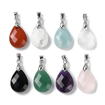 Natural Mixed Stone Pendants, Teardrop Charms, Faceted, with Ion Plating(IP) Platinum Plated Brass Findings, 18x13x6mm, Hole: 4x3.3mm