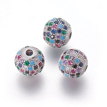 Brass Micro Pave Cubic Zirconia Beads, Round, Colorful, Platinum, 10x9.5mm, Hole: 2mm