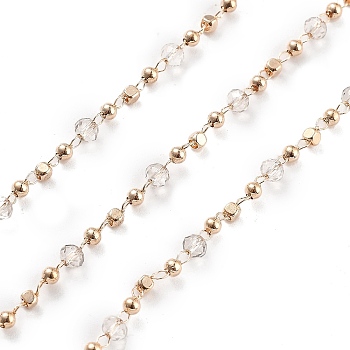 Handmade Brass & Glass Bead Chains, for Necklaces Bracelets Making, Long-Lasting Plated, Soldered, with Spool, Clear, 2x2x2mm, about 16.40 Feet(5m)/Roll