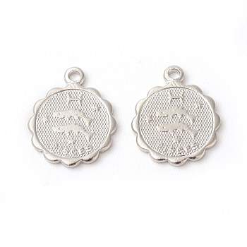 Brass Charms, Rack Plating, Flat Round with Twelve Constellations, Pisces, 14x11.5x1mm, Hole: 1.2mm