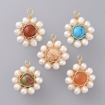 Handmade Natural & Synthetic Mixed Stone Pendants, with Real 18K Gold Plated Copper Wire, Flower, Mixed Color, 22~24x19~20x5.5~6mm, Hole: 2~3mm