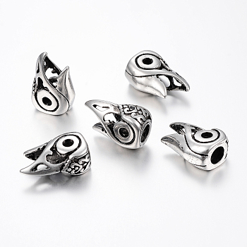 304 Stainless Steel Beads, Large Hole Beads, Bird Head, Antique Silver, 21.5x14x9mm, Hole: 6mm