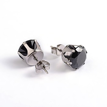 Round Cubic Zirconia Stud Earrings, with 304 Stainless Steel Pins, Black, 7mm, Pin: 0.9mm