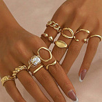 Alloy and Imitation Pearl Ring Set for Women, Mixed Shapes, Cuff Rings & Finger Rings, Golden, Inner Diameter: 17mm(FS-WGBE8CF-01)