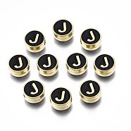 Alloy Enamel Beads, Cadmium Free & Lead Free, Light Gold, Flat Round with Alphabet, Black, Letter.J, 8x4mm, Hole: 1.5mm(ENAM-N052-006-02J-RS)