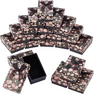 Flower Pattern Cardboard Jewelry Packaging Box, 2 Slot, For Ring Earrings, with Ribbon Bowknot and Black Sponge, Rectangle, Black, 8x5x2.6cm(CBOX-AR0001-002)