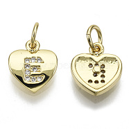 Brass Micro Pave Clear Cubic Zirconia Charms, with Jump Ring, Heart with Letter, Real 16K Gold Plated, Nickel Free, Letter.E, 10x9x2mm, Jump Ring: 5x1mm, 3mm inner diameter(KK-N227-34E-NF)