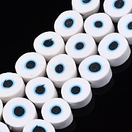 Handmade Polymer Clay Beads Strands, Flat Round with Evil Eye, White, 8~11x4mm, Hole: 1.2mm, about 40pcs/strand, 13.98 inch~ 15.35inch(35.5cm~39cm)(CLAY-S096-041A)