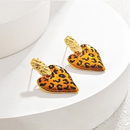 Leopard Print Brass Enamel Stud Earrings for Women, Real 22K Gold Plated, Heart, 22.5x16.5mm(EJEW-U055-12E-G)