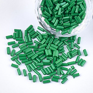 Glass Bugle Beads, Round Hole, Opaque Colours, Green, 3~5x1.5~2mm, Hole: 0.8mm, about 15000pcs/bag(SEED-S029-01B-22)