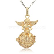 Golden Tone Brass Hollow Round Cage Pendants, with No Hole Spray Painted Brass Round Ball Beads, Round with Angel, White, 43x28x20mm, Hole: 3x8mm(KK-J238-08G)