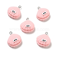 Opaque Resin Pendants, Shell Charm, with Platinum Tone Iron Loops, Pink, 24x21x9mm, Hole: 2x2.7mm(RESI-G043-E08)