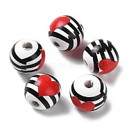 Valentine's Day Theme Printed Wood Beads, Round, Heart, 15~16x14.5~15mm, Hole: 3~4mm(WOOD-G017-02C)