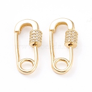 Brass Micro Pave Clear Cubic Zirconia Screw Carabiner Lock Charms, for Necklaces Making, Long-Lasting Plated, Safety Pin Shape, Real 18K Gold Plated, 24x11x5mm, Hole: 4mm(ZIRC-L093-51G)