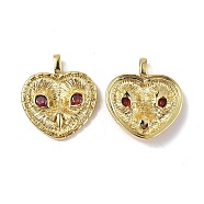 Brass with FireBrick Glass Pendants, Heart with Owl Charms, Real 18K Gold Plated, 34.5x16.5x6mm, Hole: 3.4x6.4mm(KK-E068-VF346)