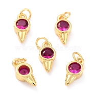 Real 18K Gold Plated Brass Micro Pave Cubic Zirconia Charms, with Jump Ring, Long-Lasting Plated, Cone, Deep Pink, 11x5x3mm, Jump Ring: 4x0.5mm, 2.5mm Inner Diameter(ZIRC-L100-088G-02)