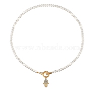 304 Stainless Steel Pendant Necklaces, with Acrylic Imitation Pearl Round Beads and Toggle Clasps, Hamsa Hand, White, Golden, 17.71 inch(45cm)(NJEW-SZ0001-31)