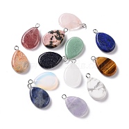 Natural & Synthetic Mixed Gemstone Pendants, Flat Teardrop Charms, with Stainless Steel Color Tone Stainless Steel Loops, 21.5~22x13x4.5~5mm, Hole: 2mm(G-M395-06)