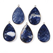 Natural Sodalite Pendants, with Light Gold Plated Brass Findings, Teardrop, 50~51x31~31.5x10mm, Hole: 2mm(G-N326-108G)