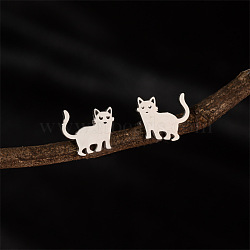 Stainless Steel Cat Shape Stud Earrings, Stainless Steel Color, 10x12mm(PW-WGC97C2-02)