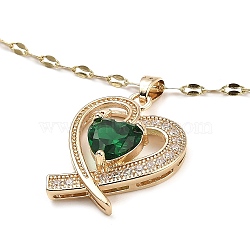 Heart Light Gold Brass Micro Pave Cubic Zirconia Pendant Necklaces, with Glass, Dark Green, 16.14 inch(41cm)(NJEW-E105-09KCG-04)