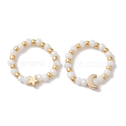 Glass Stretch Rings with Golden Plated Star & Moon Brass Beads, White, 3.5mm, Inner Diameter: US Size 8 1/2(18.5mm)(RJEW-JR00660-02)