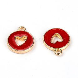 Zinc Alloy Enamel Charms, Flat Round with Hollow Heart, Light Gold, Red, 14x12x2mm, Hole: 1.5mm(ENAM-TAC0013-18A)