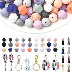 140pcs DIY Keychain Kits, Including Silicone Beads, Faux Suede Tassel Pendant Decorations, Alloy Swivel Lobster Claw Clasps, Iron Split Key Rings, Round Elastic Cord, Mixed Color, 11.5~12mm, Hole: 2mm, 9 colors(DIY-CJ0002-46)