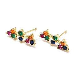 Colorful Cubic Zirconia Bar Shape Stud Earrings, Brass Jewelry for Women, Cadmium Free & Nickel Free & Lead Free, Real 18K Gold Plated, 7x18x3mm, Pin: 0.8mm(KK-H434-28G)