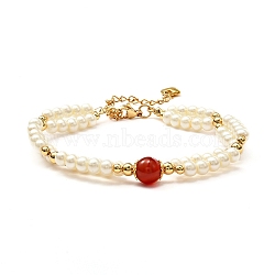 Healing Reiki Round Natural Carnelian Beaded Bracelets for Girl Women, Glass Pearl Beads Bracelet with 304 Stainless Steel Chain, Red, 7-3/8 inch(18.8cm)(X1-BJEW-TA00013)