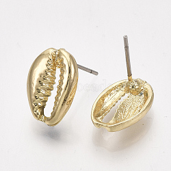 Alloy Stud Earrings, Cowrie Shell Shape, Light Gold, 13x9.5x3mm, Pin: 0.8mm(PALLOY-S125-038)