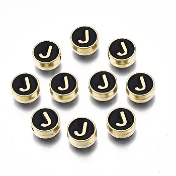 Alloy Enamel Beads, Cadmium Free & Lead Free, Light Gold, Flat Round with Alphabet, Black, Letter.J, 8x4mm, Hole: 1.5mm