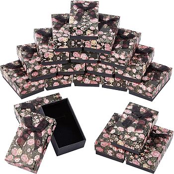 Flower Pattern Cardboard Jewelry Packaging Box, 2 Slot, For Ring Earrings, with Ribbon Bowknot and Black Sponge, Rectangle, Black, 8x5x2.6cm