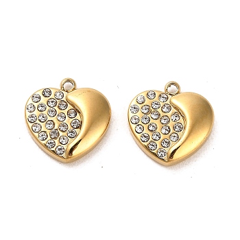 Real 14K Gold Plated 304 Stainless Steel Charms, with Rhinestone, Heart, Crystal, 13.5x13x3.5mm, Hole: 1.4mm