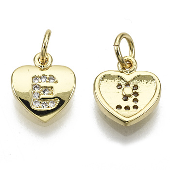 Brass Micro Pave Clear Cubic Zirconia Charms, with Jump Ring, Heart with Letter, Real 16K Gold Plated, Nickel Free, Letter.E, 10x9x2mm, Jump Ring: 5x1mm, 3mm inner diameter
