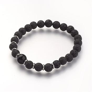 Natural Gemstone Beads Stretch Bracelets, with 304 Stainless Steel Bead Spacers, Black, 2-1/4 inch(56mm)