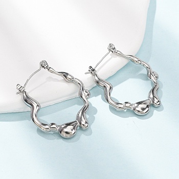 304 Stainless Steel Hoop Earrings for Women, Nuggets, Stainless Steel Color, 32.5x25x4mm