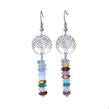 Glass Dangle Earrings, with 304 Stainless Steel Hooks, 316 Surgical Stainless Steel Cubic Zirconia Links & Cardboard Jewelry Set Boxes, Flat Round with Tree of Life, Colorful, 64mm, Pin: 0.6mm