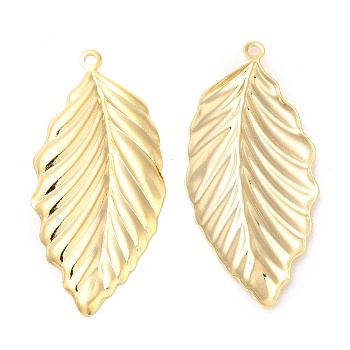 Rack Plating Brass Pendants, Cadmium Free & Lead Free, Leaf Charm, Real 24K Gold Plated, 45.5x21.5x2mm, Hole: 1.8mm