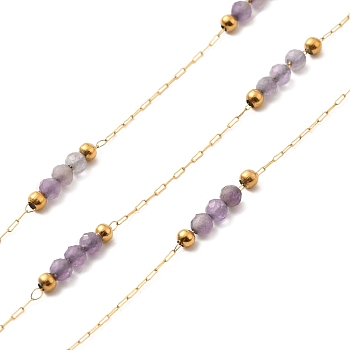 Ion Plating(IP) Real 18K Gold Plated 316 Surgical Stainless Steel Link Chains, with Natural Amethyst Round Beads, Soldered, with Spool, 2x1x0.1mm